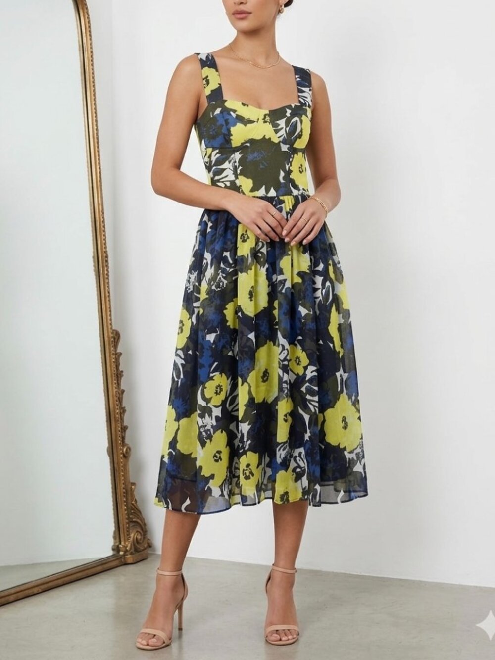 Miss Sixty Floral Chiffon Midi Dress Corset Bodice Size X-Small Y2K Inspired